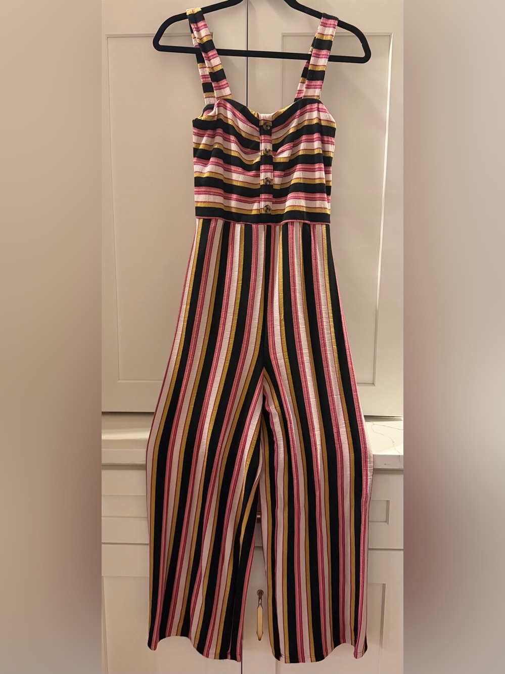 Xhilaration Pink Black Cream Yellow Green Striped Wide-Leg Jumpsuit